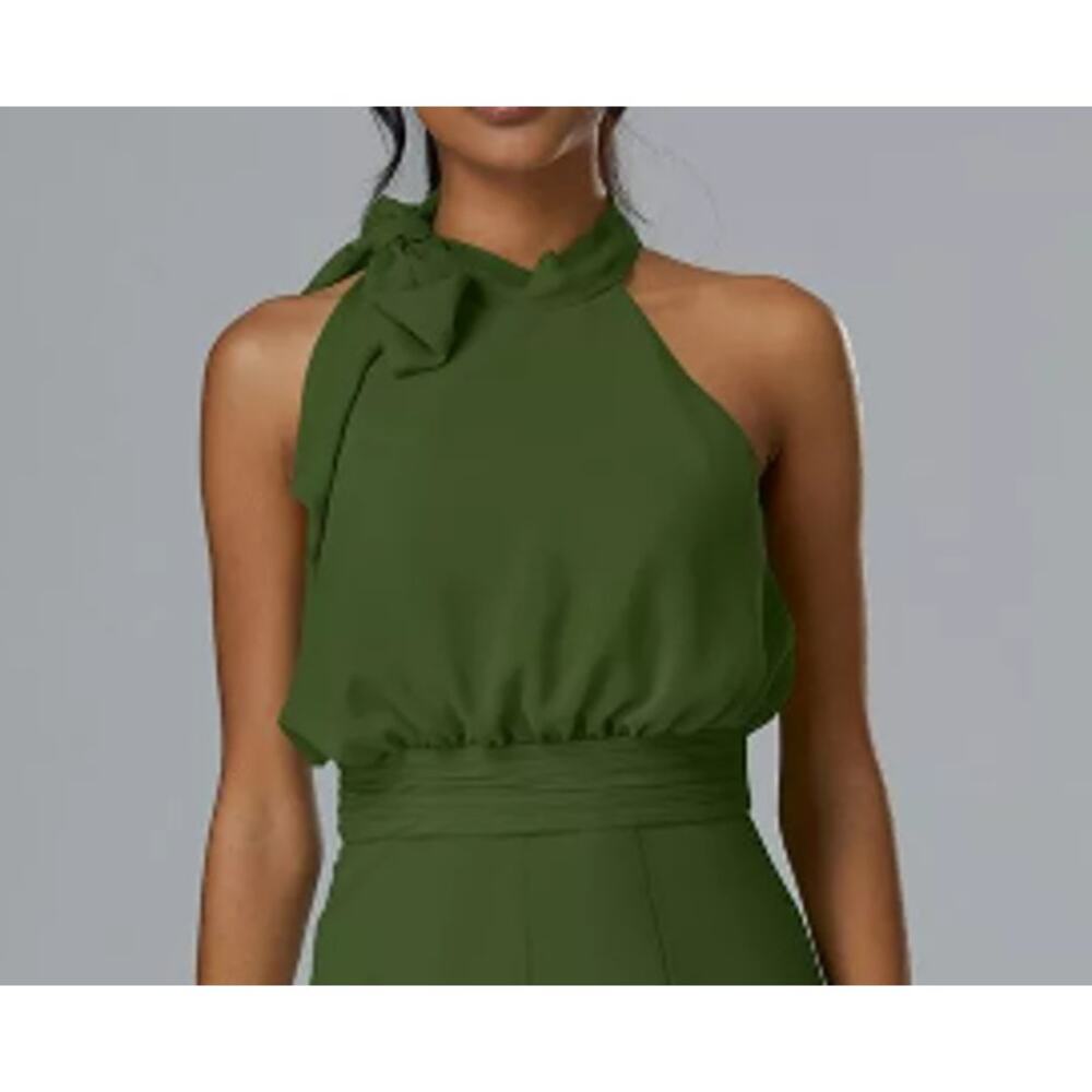 Women's Olive Halter Wide-Leg Jumpsuit - Picture 3 of 5